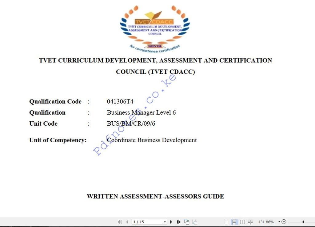 Coordinate Business Development Level 6 TVET CDACC March April 2022