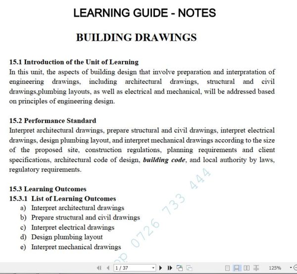 Building Drawings Learning Guide Pdf notes TVET CDACC Level 6 CBET