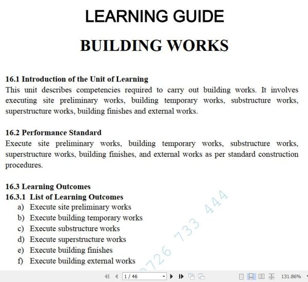 Building Works Learning Guide Pdf notes TVET CDACC Level 6 CBET