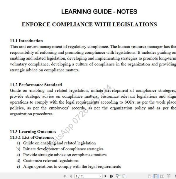 Enforce Compliance with Legislations Lecture Guide Pdf notes TVET CDACC Level 6 CBET