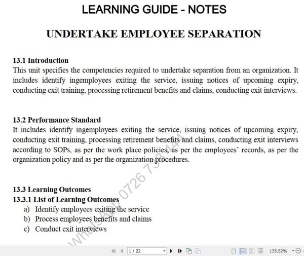 Undertake employee separation Lecture guide Pdf notes TVET CDACC Level 6 CBET