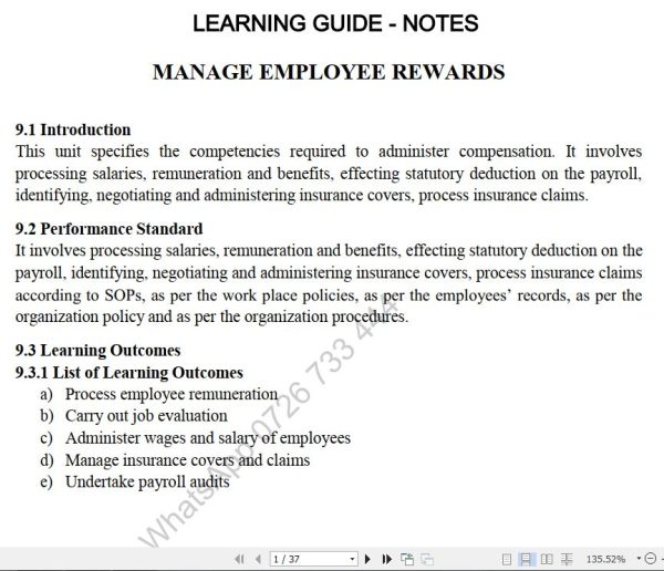 Manage employee rewards Lecture guide Pdf notes TVET CDACC Level 6 CBET