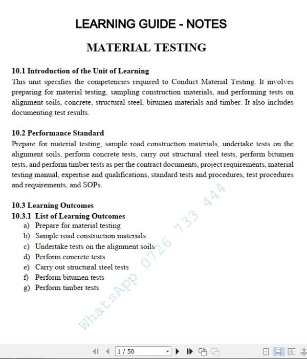 Material Testing Learning Guide Pdf notes TVET CDACC Level 6 CBET