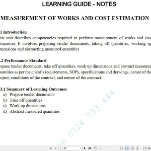 Measurement of Works and Cost Estimation Lecture Guide Pdf notes TVET CDACC Level 6 CBET