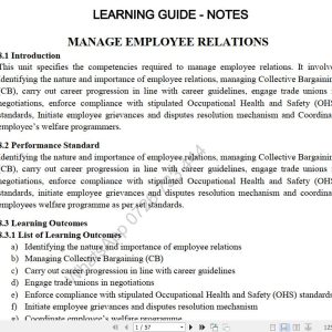 Manage Employee Relations Lecture Guide Pdf notes TVET CDACC Level 6 CBET