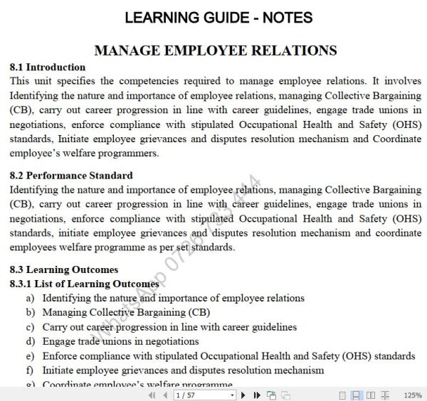 Manage Employee Relations Lecture Guide Pdf notes TVET CDACC Level 6 CBET