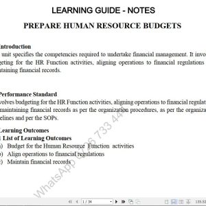 Prepare Human Resource Budgets Lecture guide Pdf notes TVET CDACC Level 6 CBET