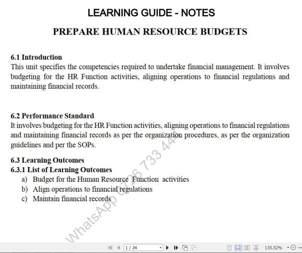 Prepare Human Resource Budgets Lecture guide Pdf notes TVET CDACC Level 6 CBET