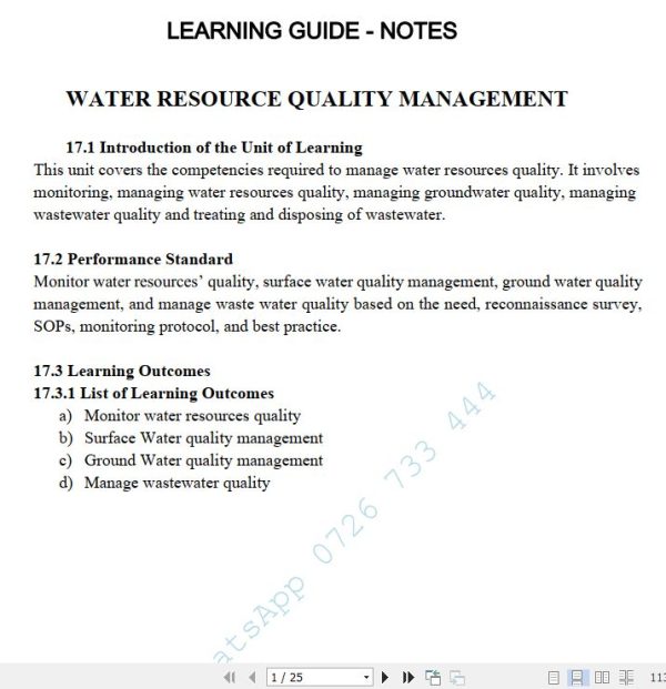 Water Resource Quality Management Learning Guide Pdf notes TVET CDACC Level 6 CBET