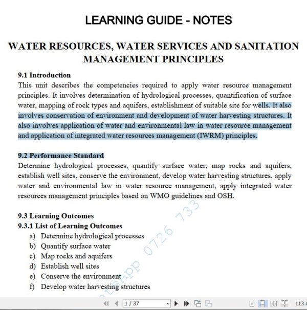 Water Resources, Water Services and Sanitation Management Principles Learning Guide Pdf notes TVET CDACC Level 6 CBET