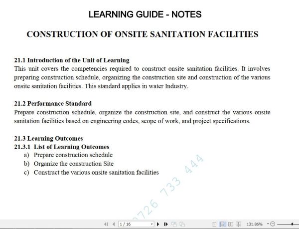 Construction of Onsite Sanitation Facilities Learning Guide Pdf notes TVET CDACC Level 6 CBET