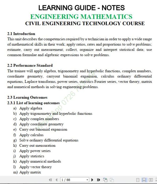 Engineering Mathematics Lecture Guide Pdf notes TVET CDACC Level 6 CBET