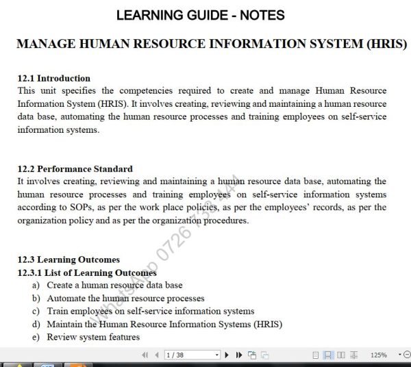 Manage Human Resource Information System (HRIS) Lecture guide Pdf notes TVET CDACC Level 6 CBET
