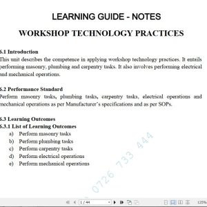 Workshop Technology Practices Learning Guide Pdf notes TVET CDACC Level 6 CBET