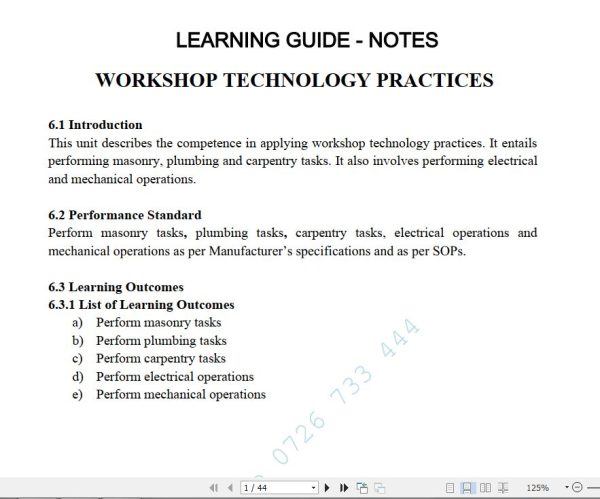 Workshop Technology Practices Learning Guide Pdf notes TVET CDACC Level 6 CBET