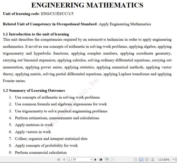 Engineering Mathematics Pdf notes TVET CDACC Level 5 CBET