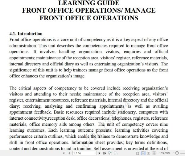 Front Office Operations/ Manage Front Office Operations Pdf notes TVET CDACC Level 6 CBET