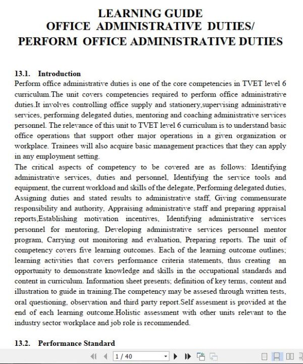 Office Administrative Duties/Perform Office Administrative Duties Pdf notes TVET CDACC Level 6 CBET