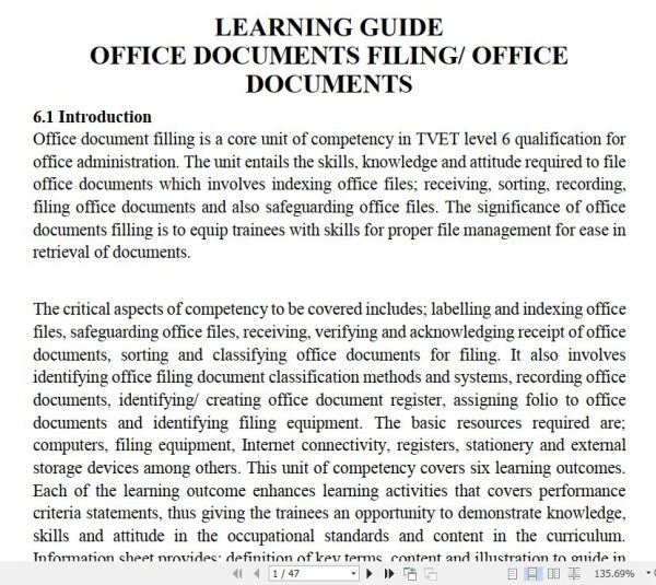 Office Documents Filing/ Office Documents Pdf notes TVET CDACC Level 6 CBET