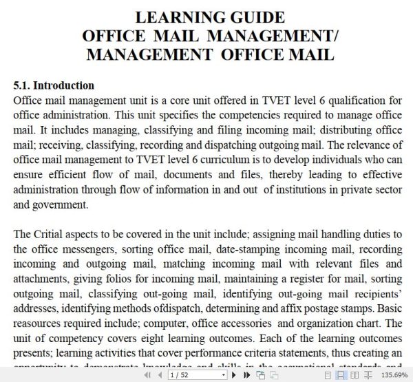 Office Mail Management/ Management Office Mail Pdf notes TVET CDACC Level 6 CBET