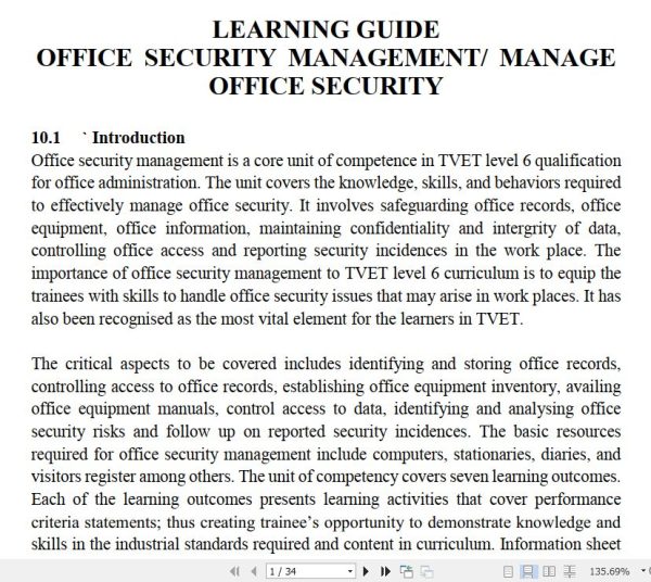 Office Security Management/ Manage Office Security Pdf notes TVET CDACC Level 6 CBET