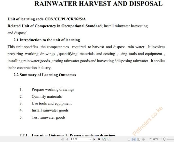 Rainwater Harvest and Disposal Pdf notes Level 5 TVET CDACC
