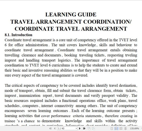 Travel Arrangement Coordination/Coordinate Travel Arrangement Pdf notes TVET CDACC Level 6 CBET