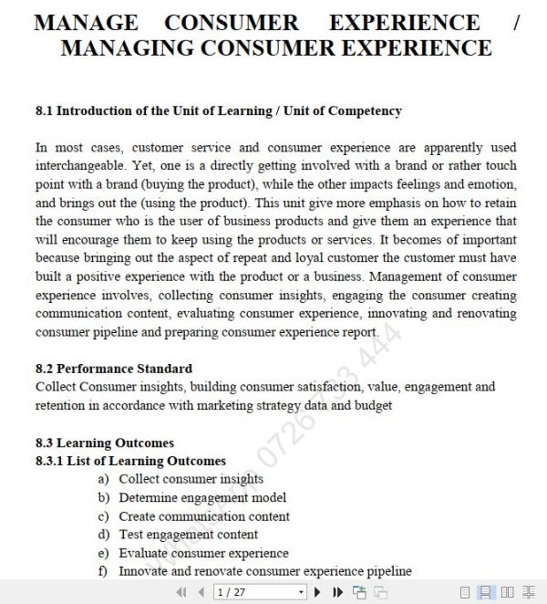Managing Consumer Experience/ Manage Consumer Experience Pdf notes TVET CDACC Level 6 CBET