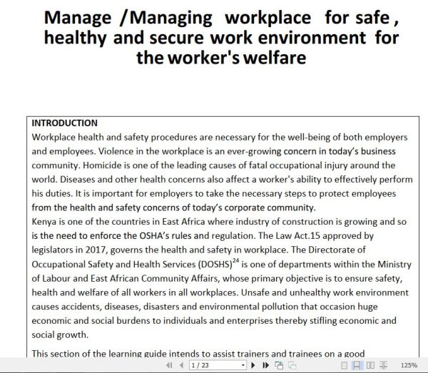 Managing workplace for safe, healthy and secure work environment for the worker's welfare Pdf notes TVET CDACC Level 6 CBET