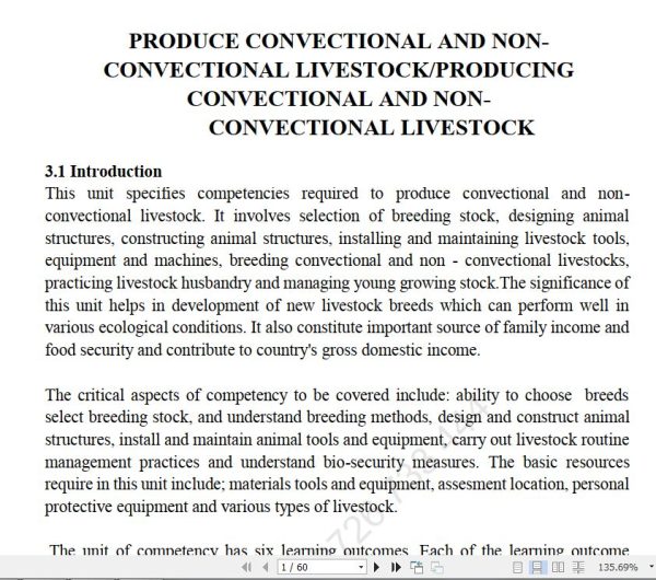 Produce Convectional and Non- Convectional Livestock/ Conventional and Nonconventional Livestock Production Pdf notes TVET CDACC Level 6 CBET