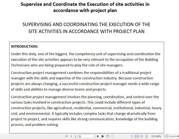Supervise and Coordinate the Execution of site activities in accordance with project plan Pdf notes TVET CDACC Level 6 CBET
