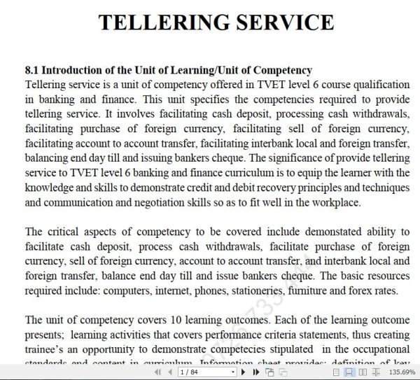 Tellering Service/Provide Tellering Service Pdf notes TVET CDACC Level 6 CBET