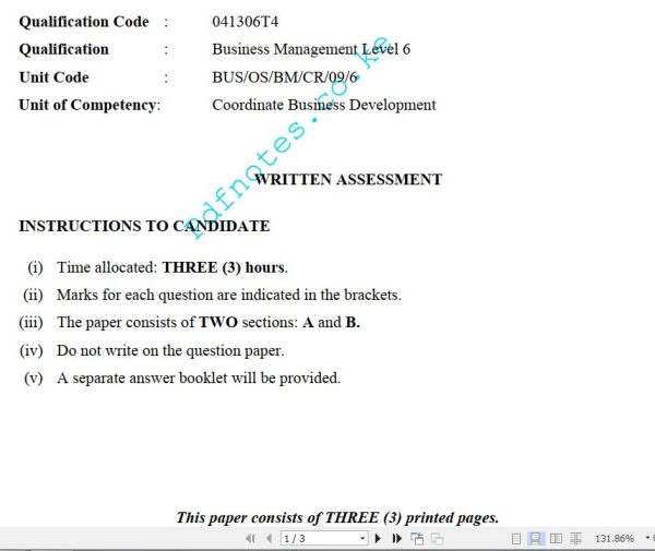 Coordinate Business Development Level 6 TVET CDACC  March/April 2023 Past Assessment Papers