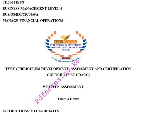 Manage Financial Operations Level 6 TVET CDACC November/December 2023 Past Assessment Papers