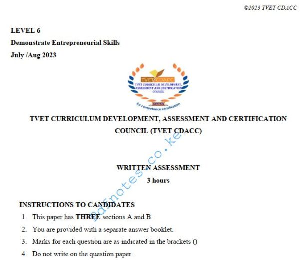 Demonstrate Entrepreneural Level 6 July/Aug 2023 Skills Past Assessment Papers