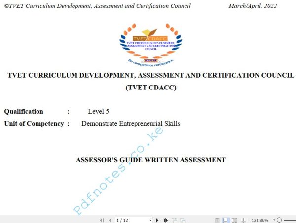 Demonstrate Entrepreneural Skills Level 5 March/April 2022 Past Assessment Papers - With Marking Scheme