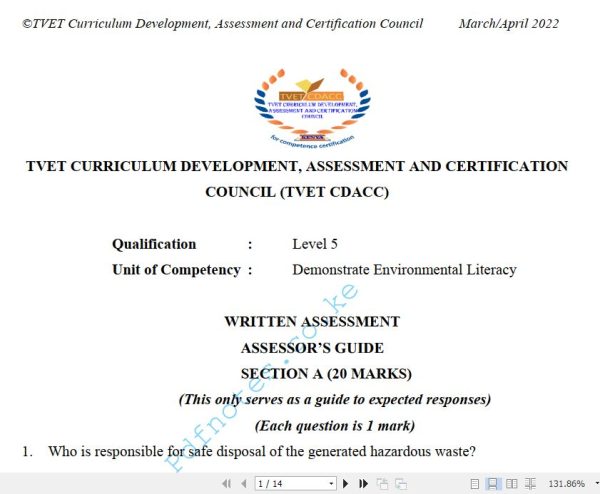 Demonstrate Environmental Literacy Level 5 March/April 2022 Past Assessment Papers - With Marking Scheme