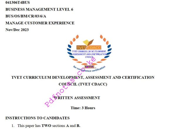 Manage Customer Experience Level 6 TVET CDACC November/December 2023 Past Assessment Papers