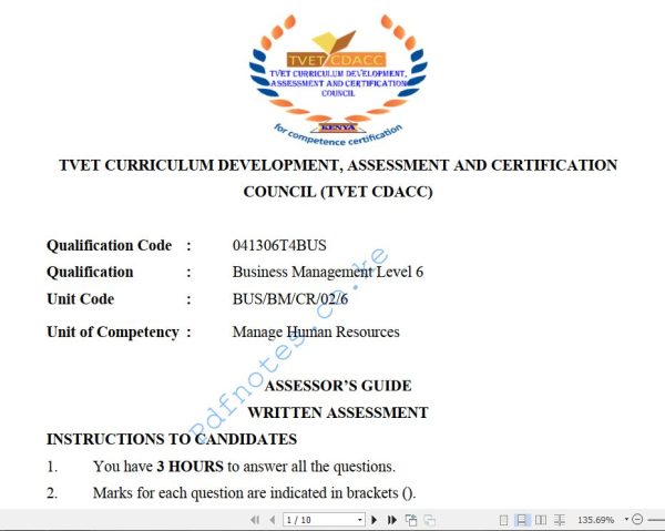Manage Human Resource Level 6 TVET CDACC March/April 2022 Past Assessment Papers - With Marking Scheme