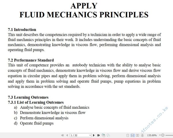 Fluid Mechanics Principles Pdf notes TVET CDACC Level 6 (Autobody)