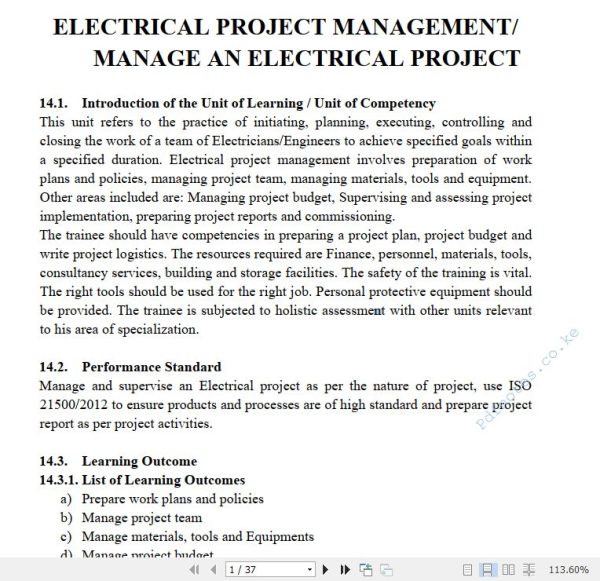 Electrical Project Management/Manage an Electrical Project Pdf notes TVET CDACC Level 6 CBET
