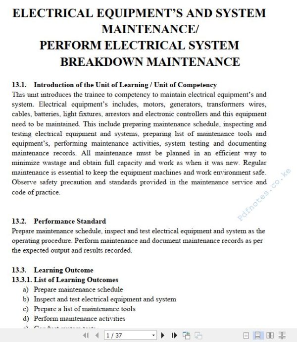 Electrical Equipment’s and System Maintenance/Perform Electrical System Breakdown Maintenance Pdf notes TVET CDACC Level 6 CBET