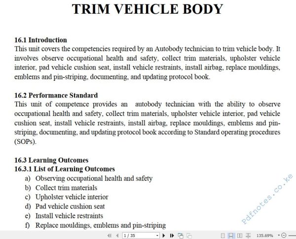 Trimming Vehicle Body Pdf notes TVET CDACC Level 6