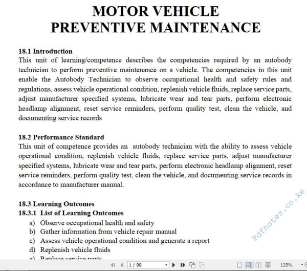 Vehicle Preventive Maintenance Pdf notes TVET CDACC Level 6