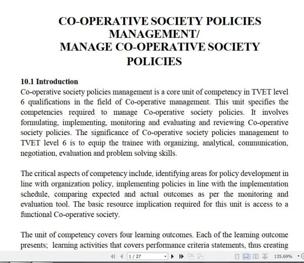 Cooperative Society Policies Management Learning Guide notes