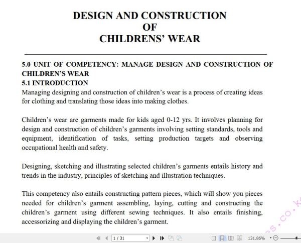 Design and Construction of Children’s Wear Learning Guide notes