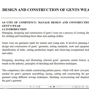 Design and Construction of Gents’ Wear Learning Guide notes