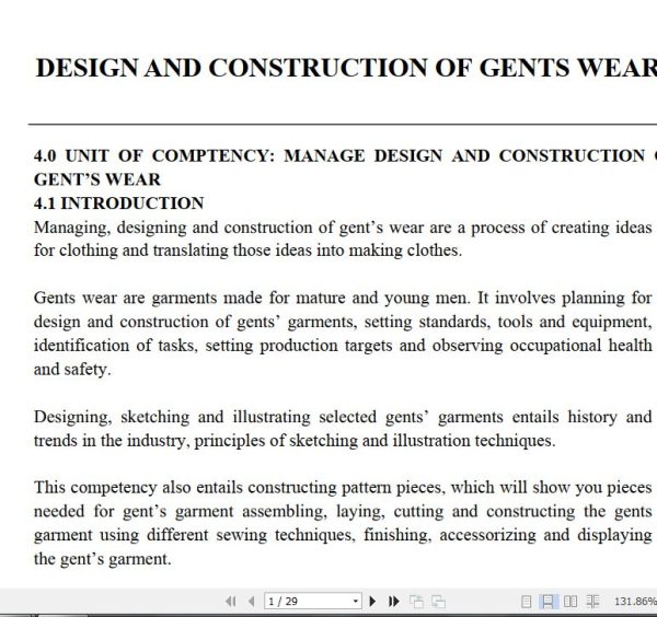 Design and Construction of Gents’ Wear Learning Guide notes