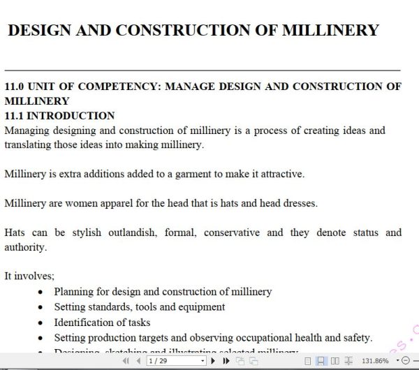 Design and Construction of Millinery Learning Guide notes