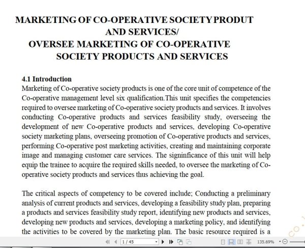 Marketing of Cooperative Society Products and Services Learning Guide notes